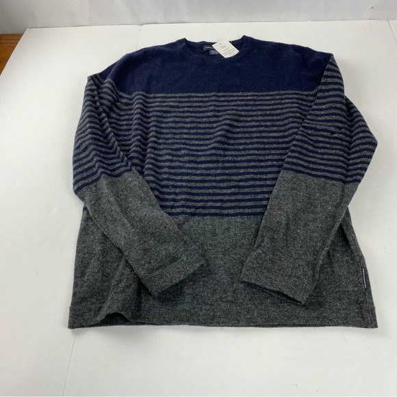 French Connection Mens Medium Lambswool Blend Gray Navy Striped Sweater NWT - Picture 1 of 6